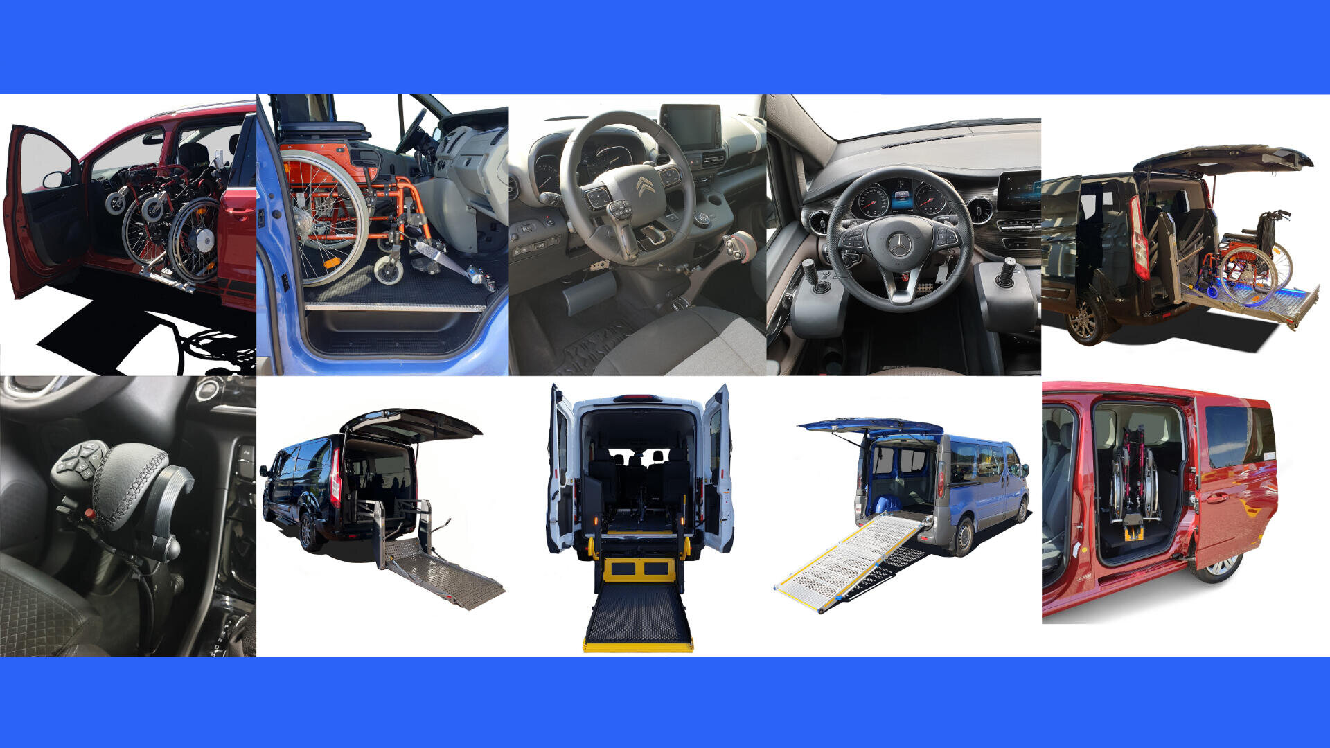 Collage von Fahrzeugen mit rollstuhlgerechter Ausstattung, einschließlich Rampen, Aufzügen und modifiziertem Innenraum, aus verschiedenen Blickwinkeln gezeigt; Lenkräder und Handbedienungen sind ebenfalls zu sehen. Blauer Hintergrund.