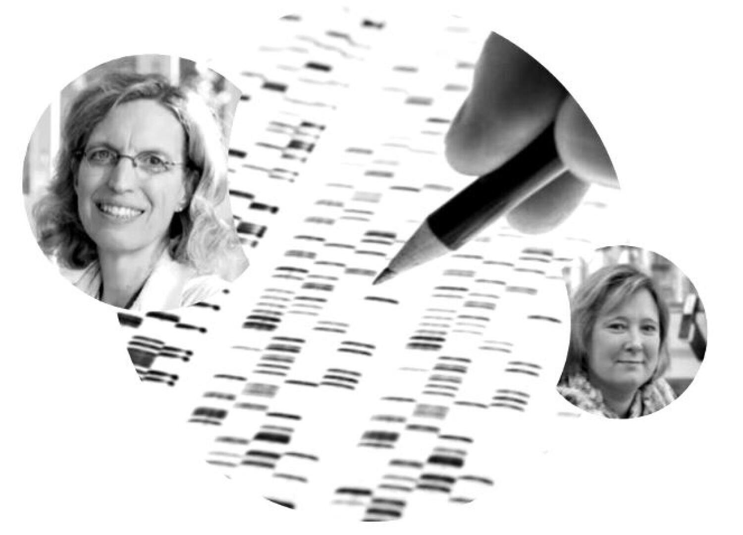 Schwarz-Weiß-Collage mit zwei Frauenporträts über dem Bild einer Hand, die einen Bleistift hält, über einem DNA-Gelelektrophorese-Muster.