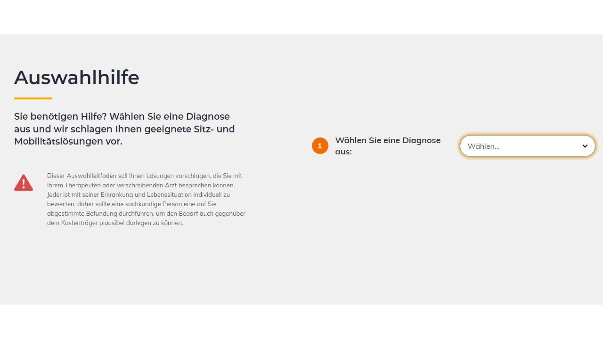 Screenshot einer deutschen Webseite mit dem Titel Auswahlhilfe. Der Benutzer wird aufgefordert, eine Diagnose für empfohlene Sitz- und Mobilitätslösungen auszuwählen. Auf der rechten Seite ist ein Dropdown-Menü zu sehen, auf der linken Seite befinden sich Informationen und Anweisungen.