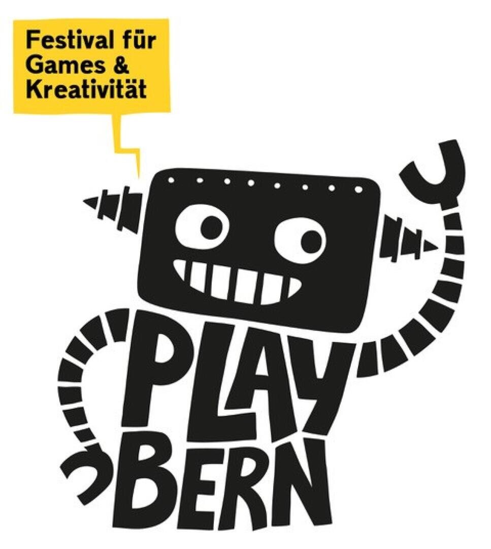 Ein lächelnder schwarzer Roboter mit Zahnrädern als Arme hält eine Klaue hoch, auf seinem Körper steht PLAY BERN. Darüber steht in einer gelben Sprechblase "Festival für Games & Kreativität".