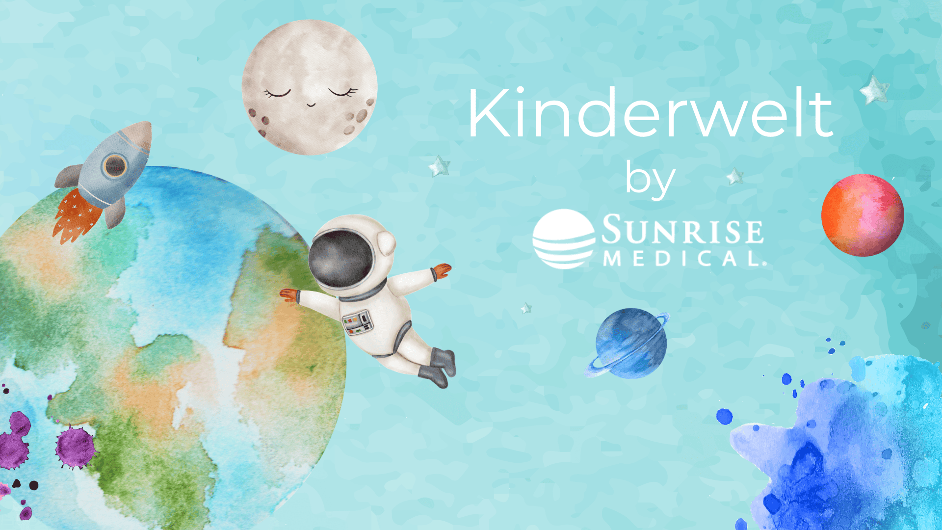 Aquarell-Illustration von Planeten, einer Rakete, einem lächelnden Mond und mit einem Astronauten, der im Weltall schwebt. Der Hintergrund ist hellblau. Der Text lautet Kinderwelt by Sunrise Medical.