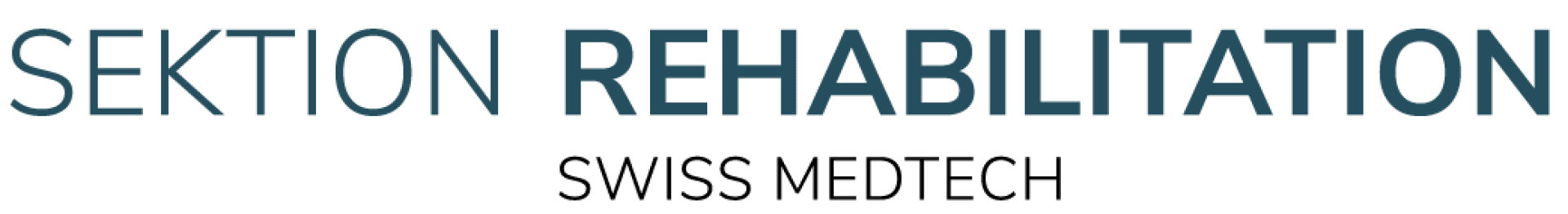 Das Bild zeigt den Text SEKTION REHABILITATION SWISS MEDTECH in grosser, fetter und dünner Schrift auf hellem Hintergrund.