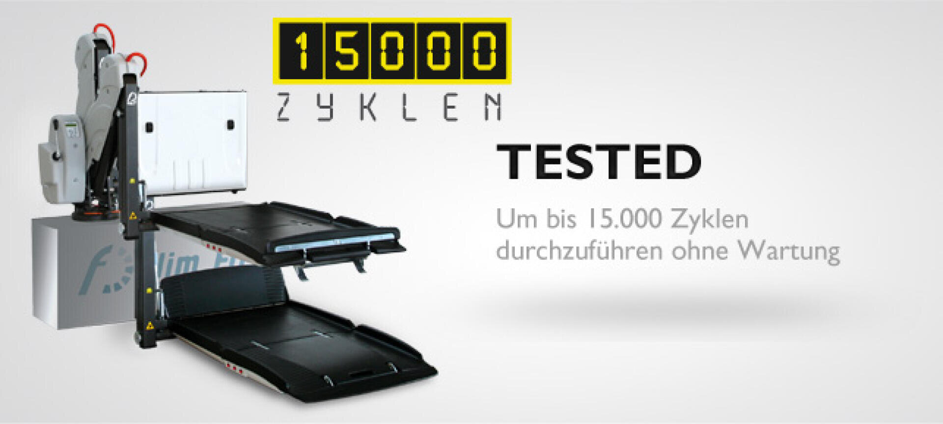 Eine mechanische Hebebühne ist mit 15.000 Zyklen hervorgehoben, was bedeutet, dass sie für bis zu 15.000 Zyklen ohne Wartung getestet wurde. Neben der Plattform werden ein deutscher Text und ein Prüfzeichen angezeigt.