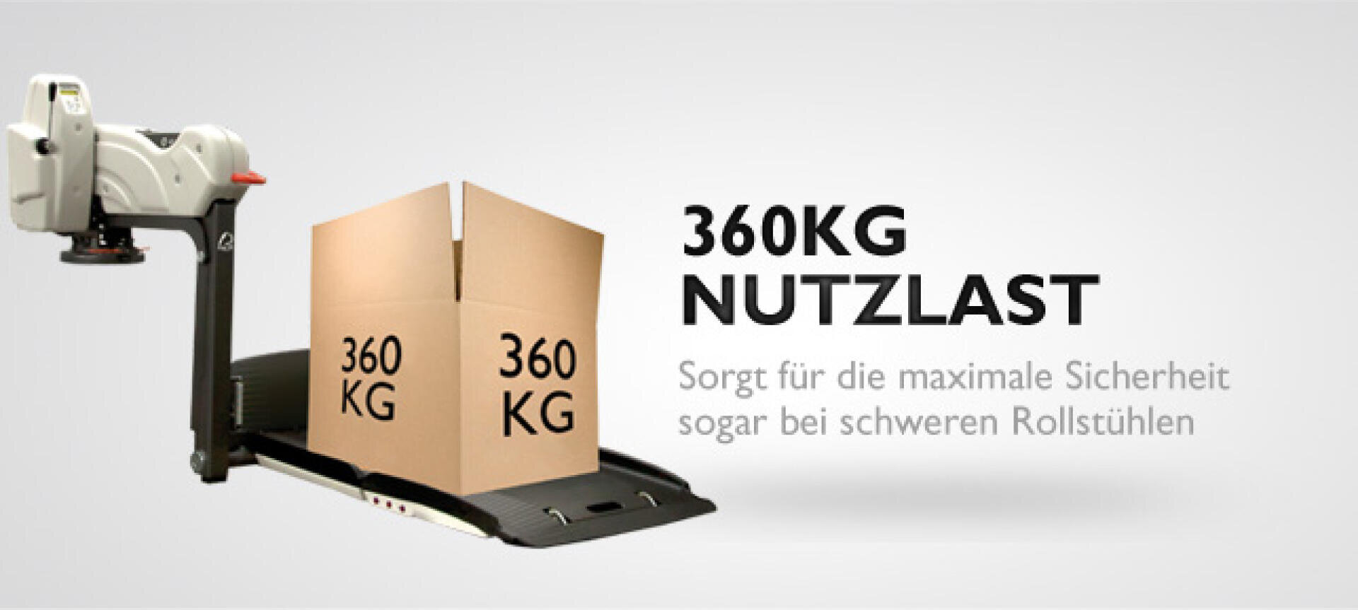 Eine Hebebühne mit einem Roboterarm hebt einen Karton mit der Aufschrift 360 KG. Der Text lautet 360KG Nutzlast und weist auf die maximale Sicherheit auch bei schweren Rollstühlen hin. Das Bild ist in deutscher Sprache.