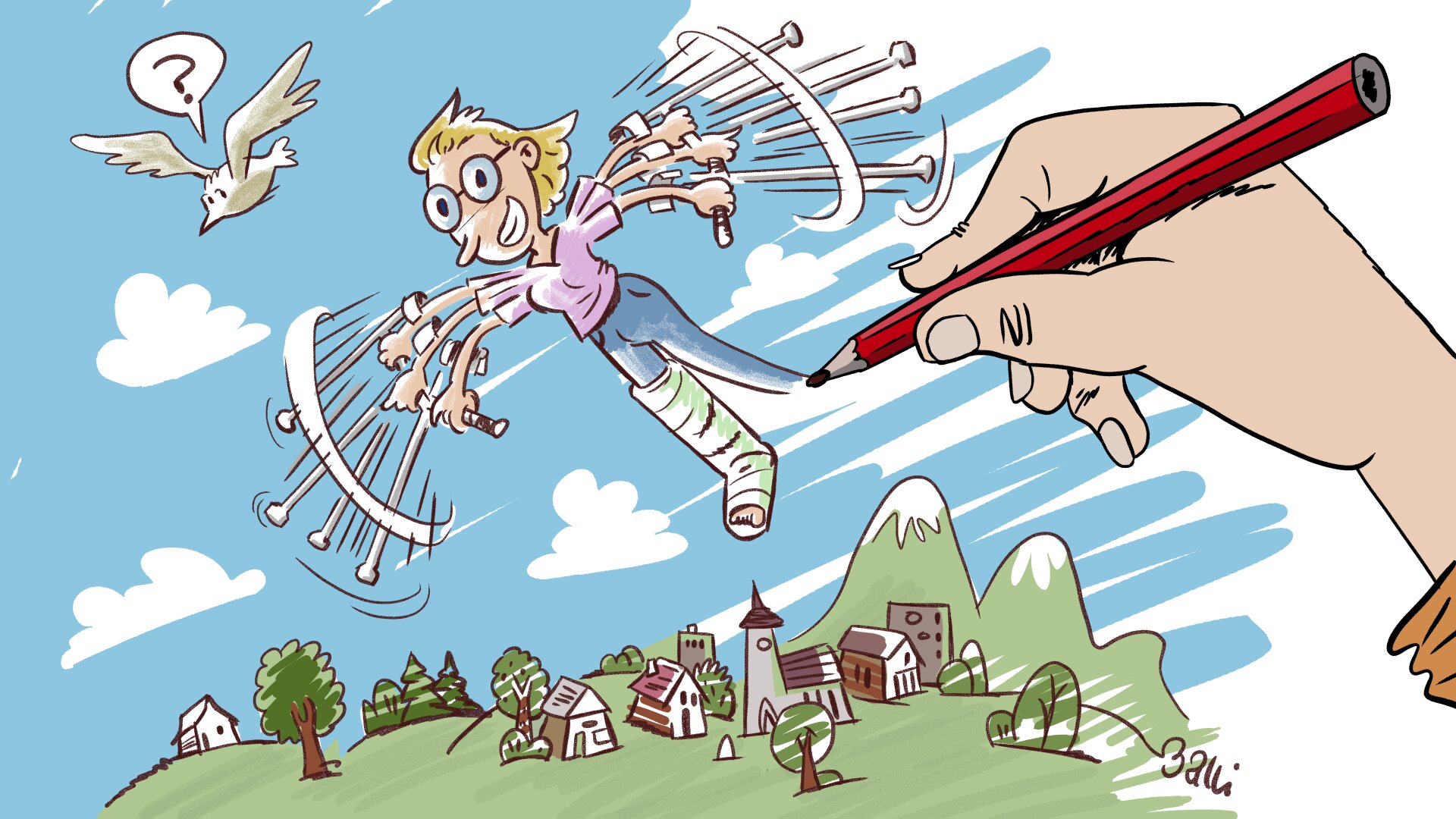 Eine Hand zeichnet eine fliegende, lächelnde Person mit mehreren Armen, die von großen Netzringen gehalten wird, die über einer Stadt mit Bergen schweben. Ein Vogel mit einem Fragezeichen über seinem Kopf fliegt in der Nähe. Der Himmel ist blau mit Wolken.