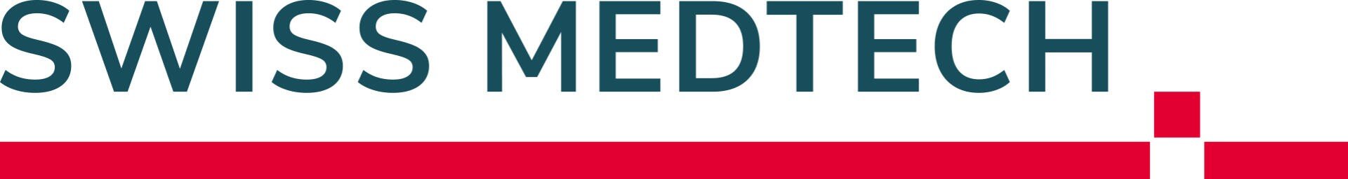 Logo mit dem Schriftzug SWISS MEDTECH in fetten, blaugrünen Buchstaben über einer roten horizontalen Linie und einem roten Quadrat, das an das Kreuz der Schweizer Flagge erinnert.