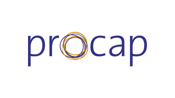 Logo von „Procap“, einer Organisation für Menschen mit Behinderungen, mit blauer Schrift und ineinandergreifenden Kreisen als Designelement.