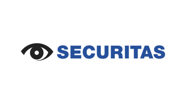 Das Logo von "Securitas" besteht aus einem stilisierten schwarzen Auge und dem blauen Schriftzug "SECURITAS" daneben.