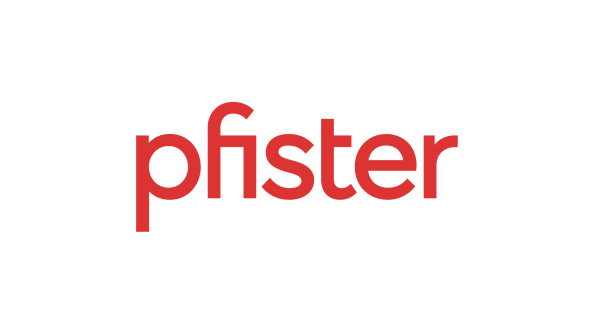 Pfister-Logo in roten Kleinbuchstaben.