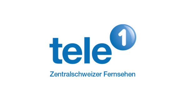 Logo von „tele1 – Zentralschweizer Fernsehen“ in blauer Schrift mit einer glänzenden Kugel um die Ziffer „1“.