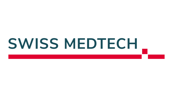 Das Bild zeigt den Schriftzug „SWISS MEDTECH“ in blauen Großbuchstaben über einer roten horizontalen Linie, an deren rechtem Ende sich ein kleines Quadrat und ein kurzer Zeilenumbruch befinden.