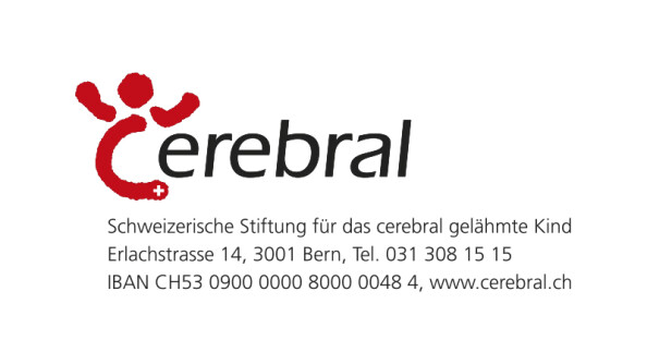 Das Logo der "Schweizerischen Stiftung für das cerebral gelähmte Kind" zeigt ein stilisiertes, rotes, springendes Männchen und den Schriftzug "cerebral". Darunter sind die Kontaktdaten der Stiftung angegeben.