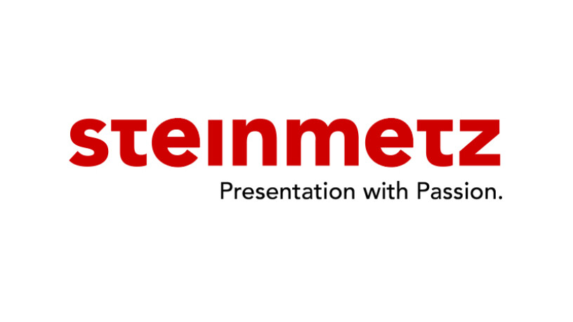 Das Logo von "steinmetz" ist in roter Schrift geschrieben und trägt darunter den Slogan "Presentation with Passion." in schwarzer Schrift.