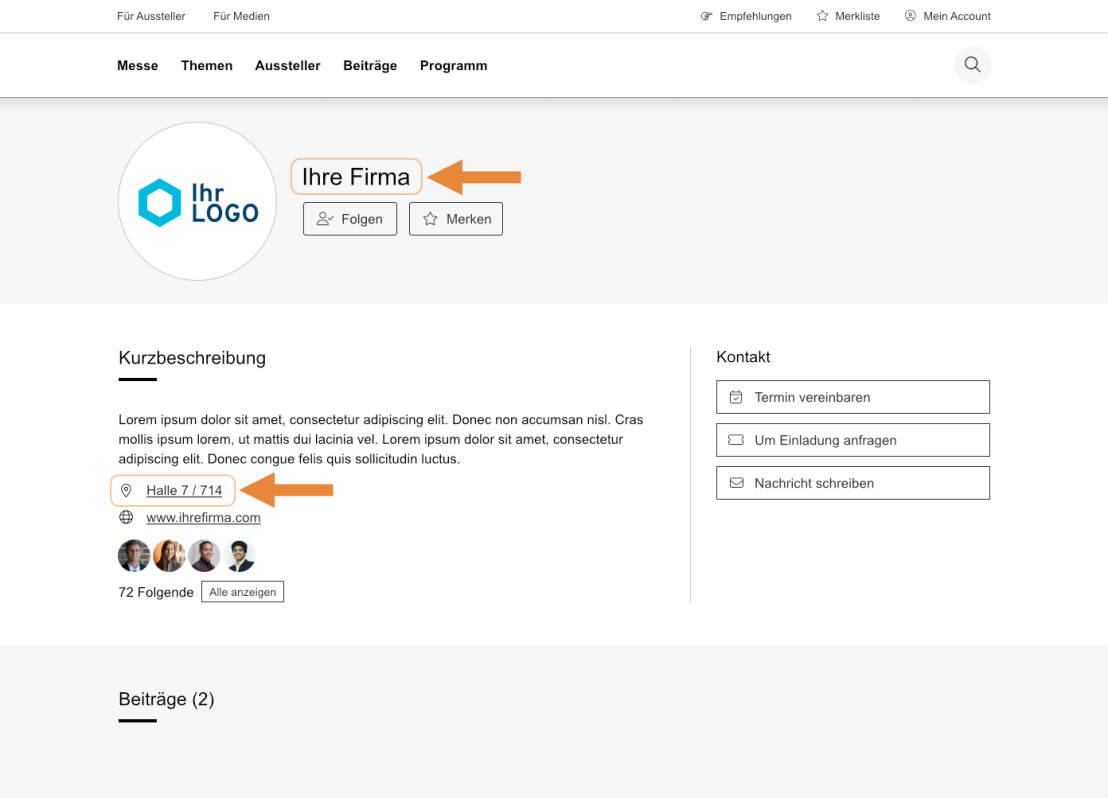 Screenshot eines Firmenprofils auf der Luga-Website mit hervorgehobenem Firmennamen und Hallenangabe durch orangefarbene Pfeile.