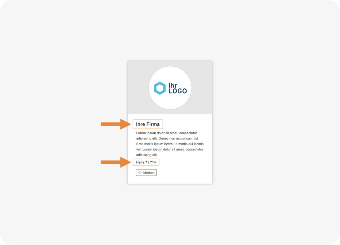 Screenshot eines Firmenprofils auf der Luga-Website mit hervorgehobenem Firmennamen und Hallenangabe durch orangefarbene Pfeile.