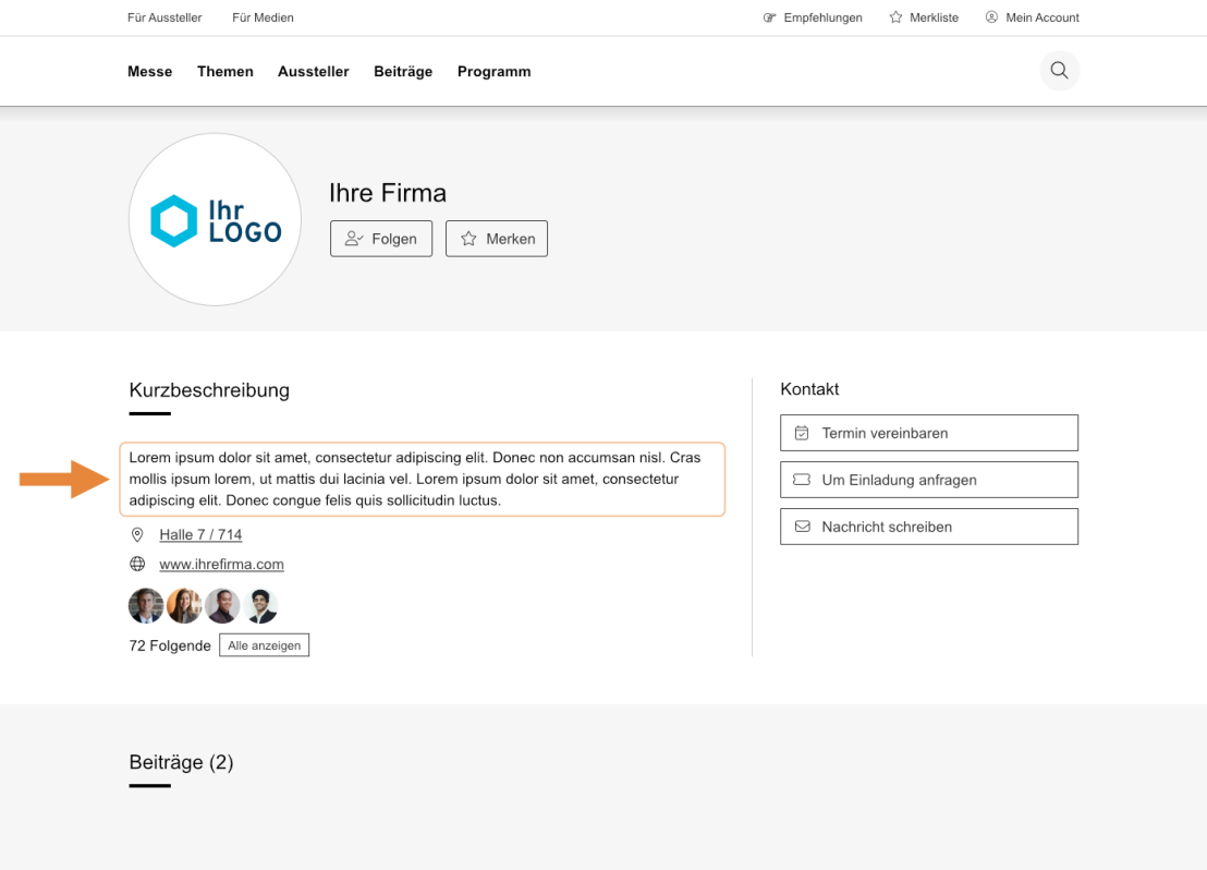 Firmenprofil mit hervorgehobener Kurzbeschreibung. Die Informationen umfassen Standort, Website und Anzahl der Follower.