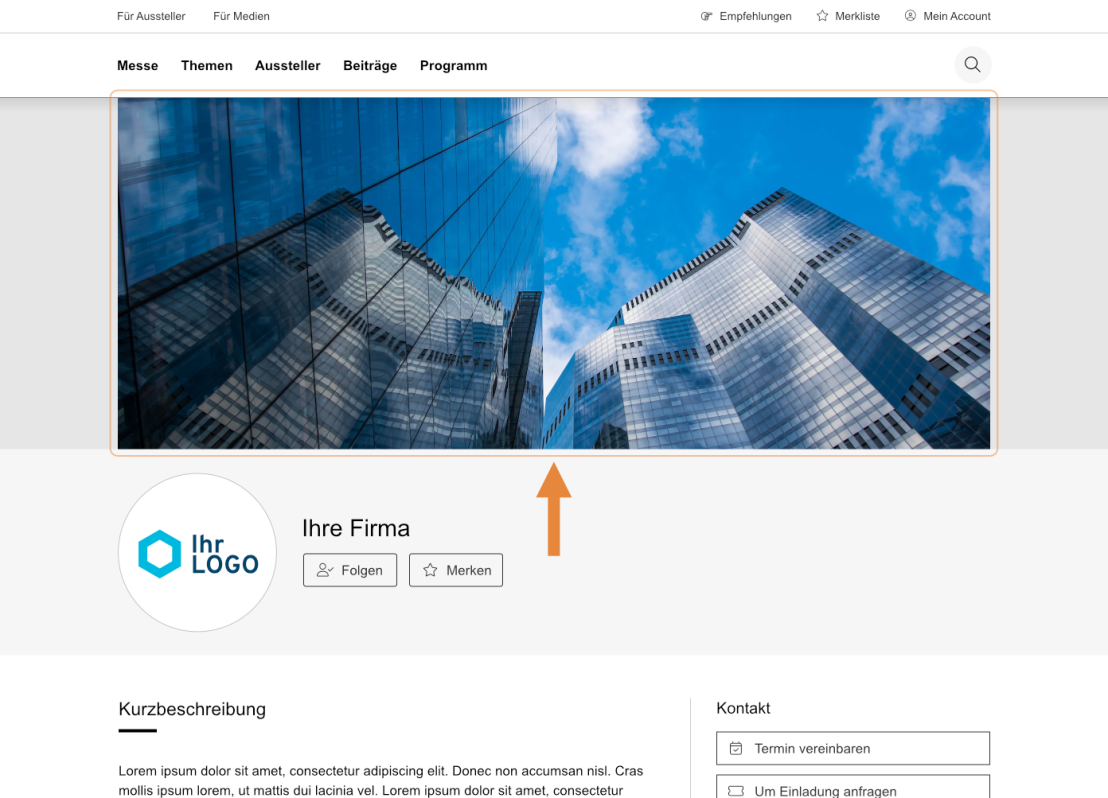 Firmenprofil mit grossem Bannerbild im Header-Bereich, das moderne Glasgebäude vor einem blauen Himmel zeigt.