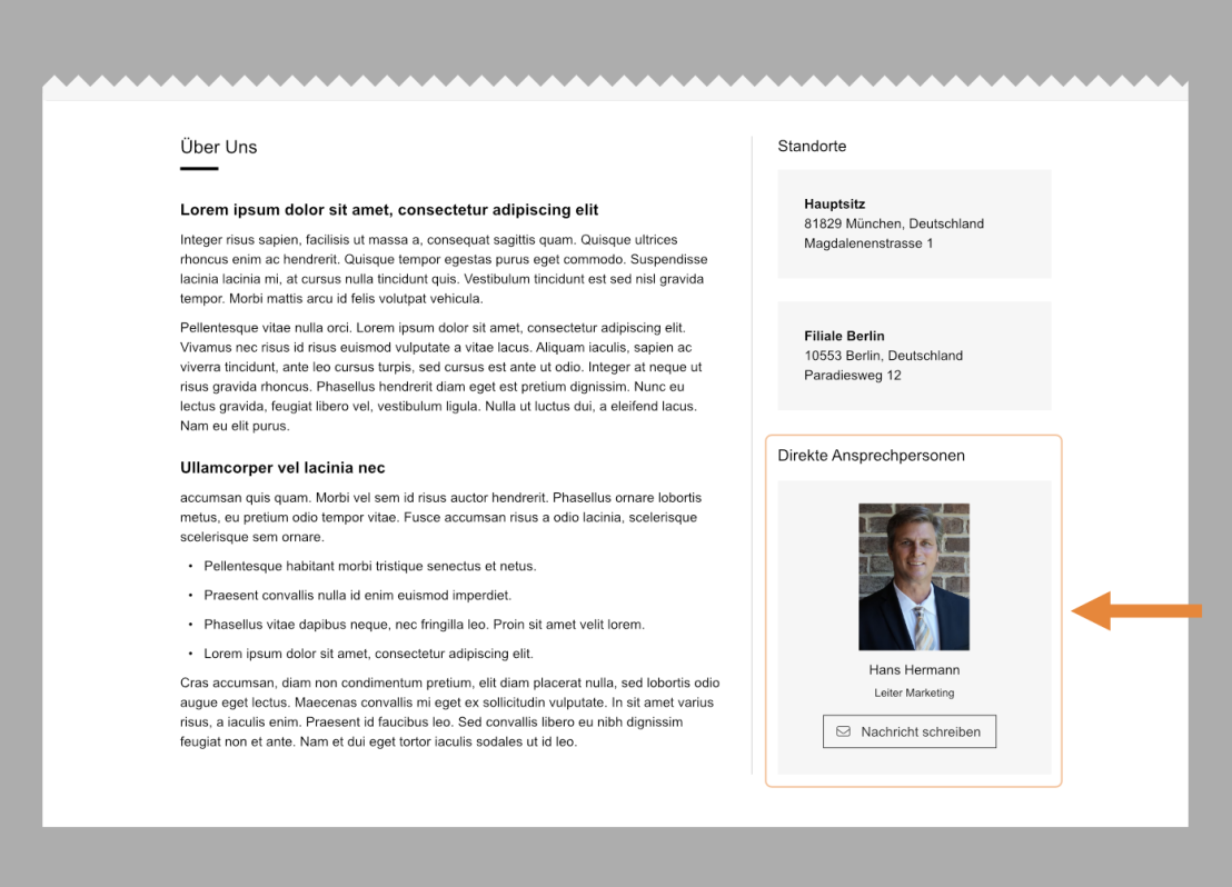 Screenshot eines Firmenprofils auf der Luga-Website mit einer hervorgehobenen direkten Ansprechperson, inklusive Foto und Kontaktmöglichkeit.