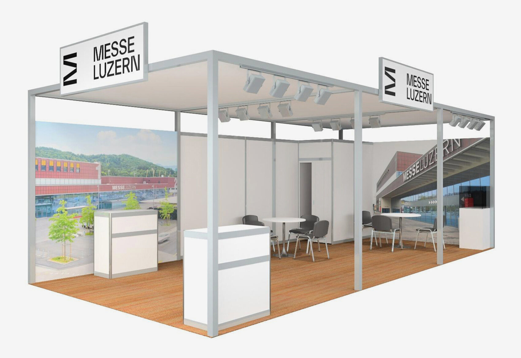 Visualisierung eines offenen Messestands mit zwei Barhockern, einem Stehtisch und roten sowie weissen Wandelementen mit dem Logo der Messe Luzern.